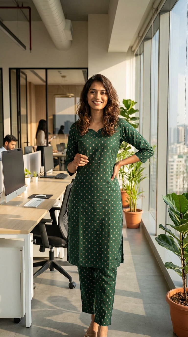 Green Printed Kurta Set view 3