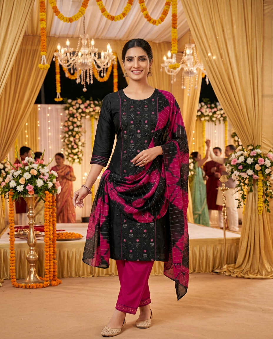 JCF Black and Pink Kurta Set view 3