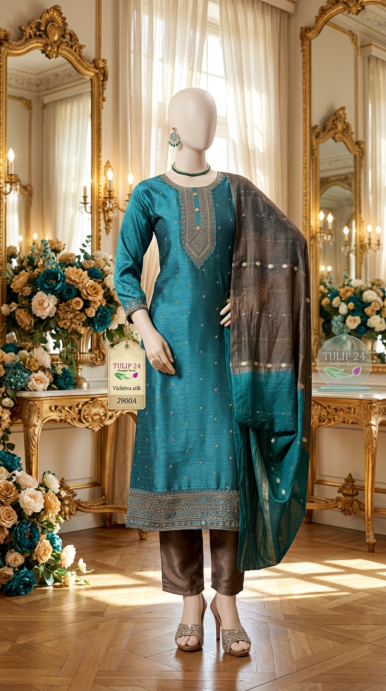 Vichitra Silk Kurti Set view 3