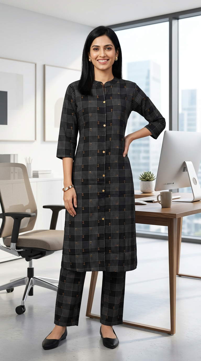 Fashnet Black Checkered Kurta Set