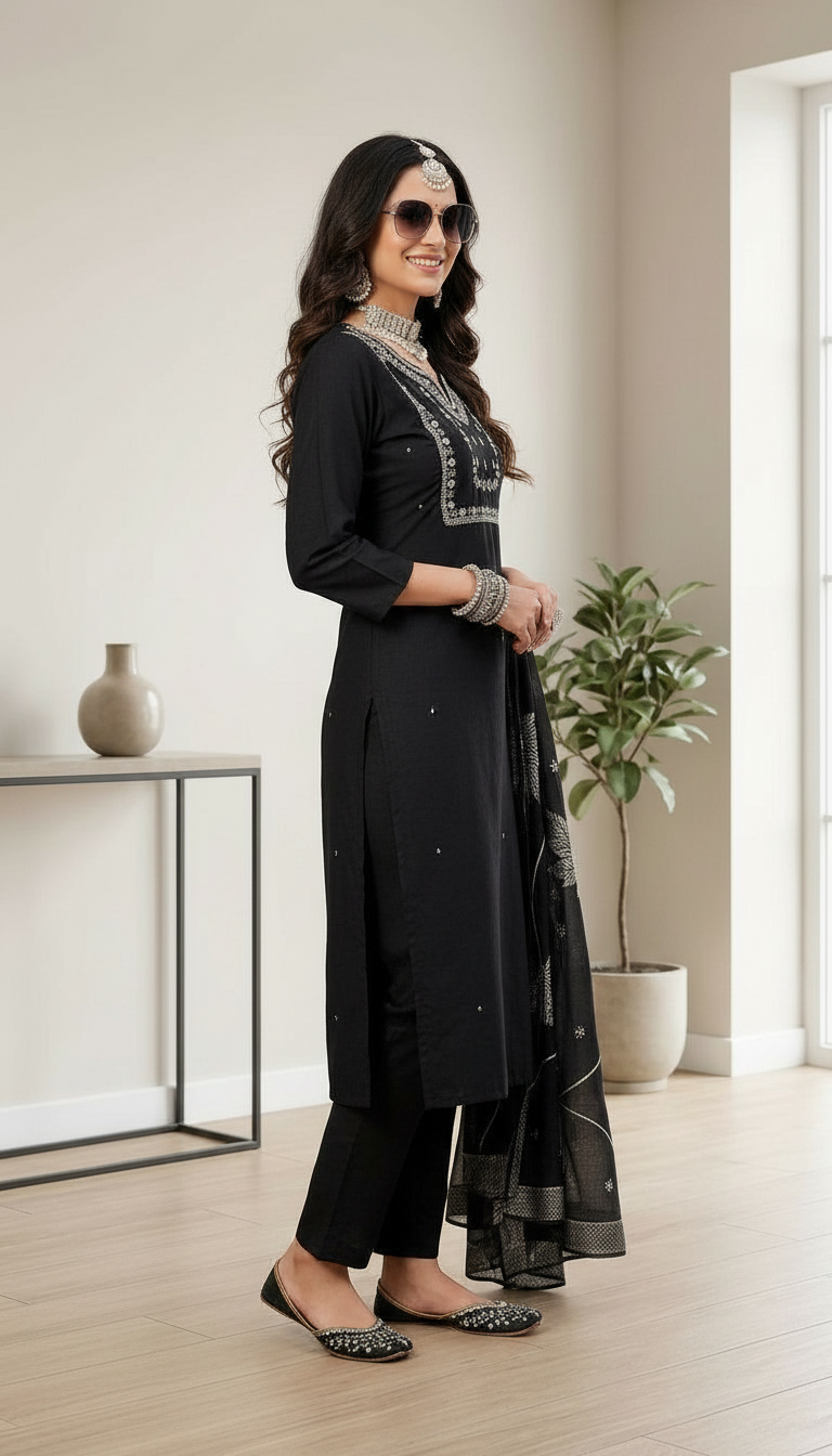 Embroidered Black Kurta Set DN20662 view 2