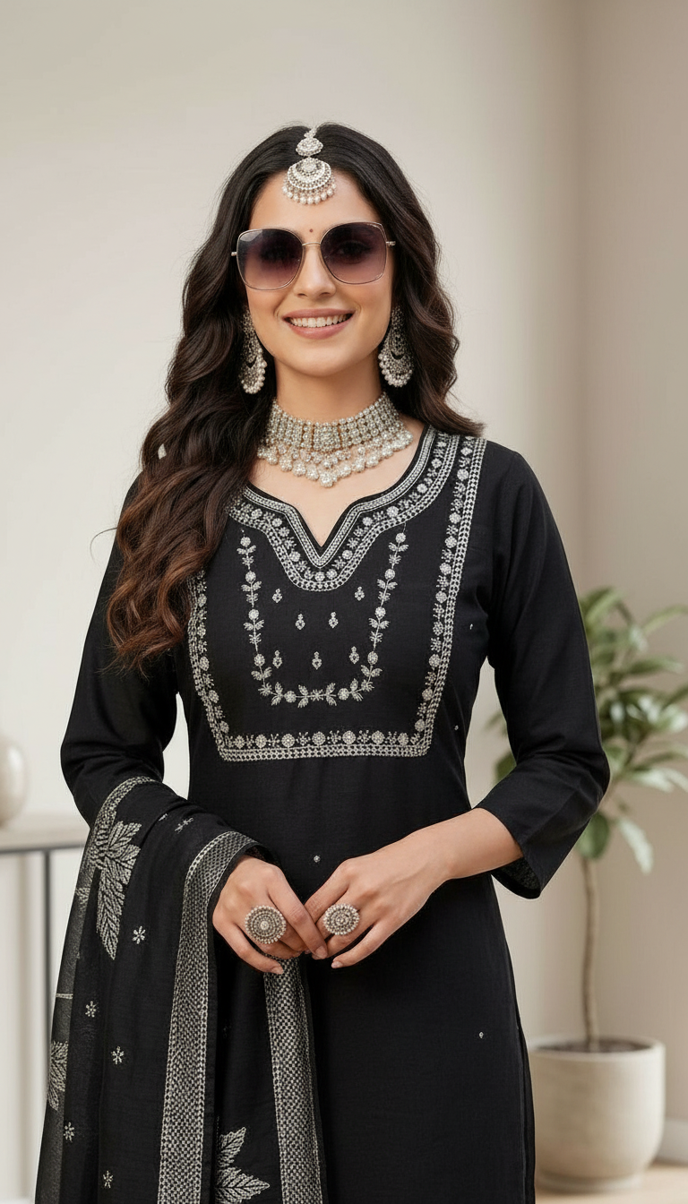 Embroidered Black Kurta Set DN20662 view 3