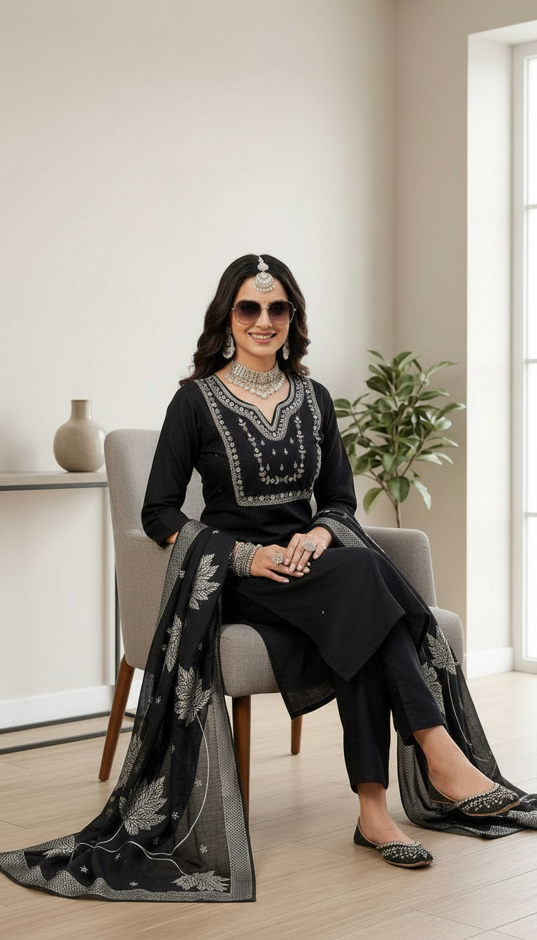 Embroidered Black Kurta Set DN20662 view 4