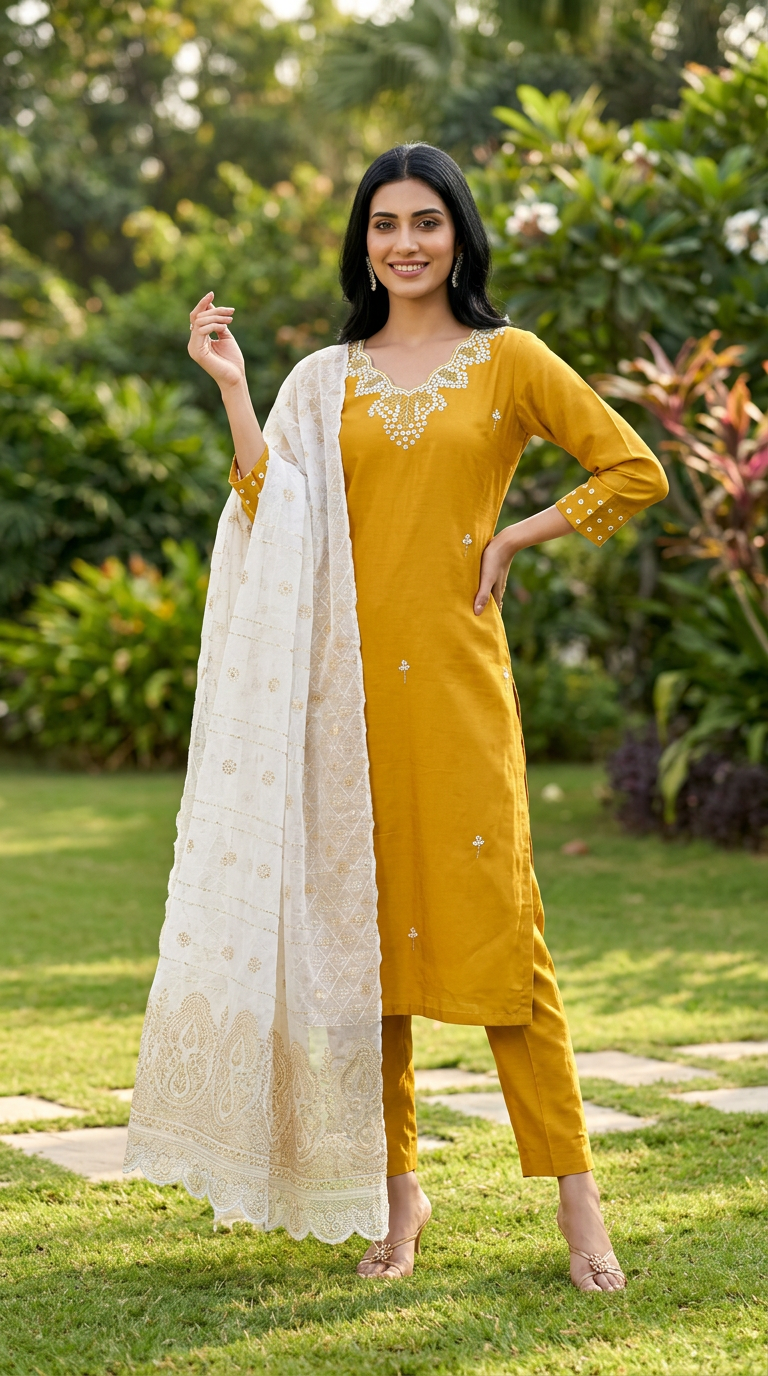 Embroidered Yellow Kurta Set view 4