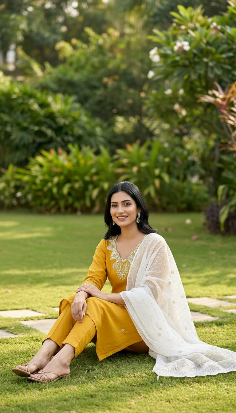 Embroidered Yellow Kurta Set view 3