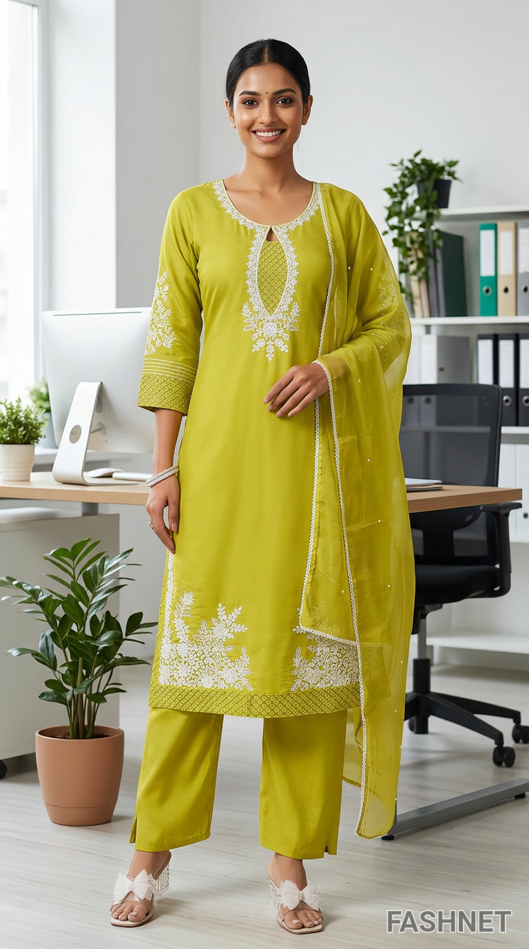 Lime Green Embroidered Kurta Set view 4