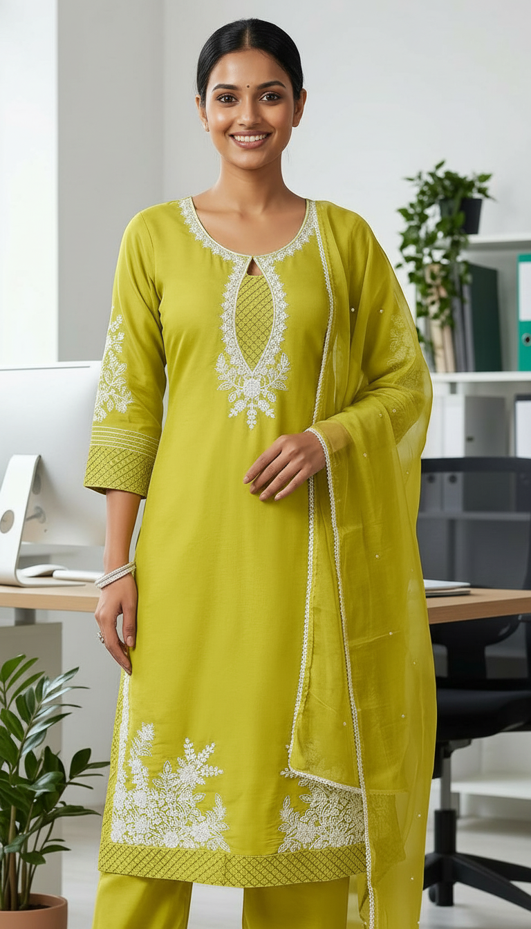 Lime Green Embroidered Kurta Set view 2