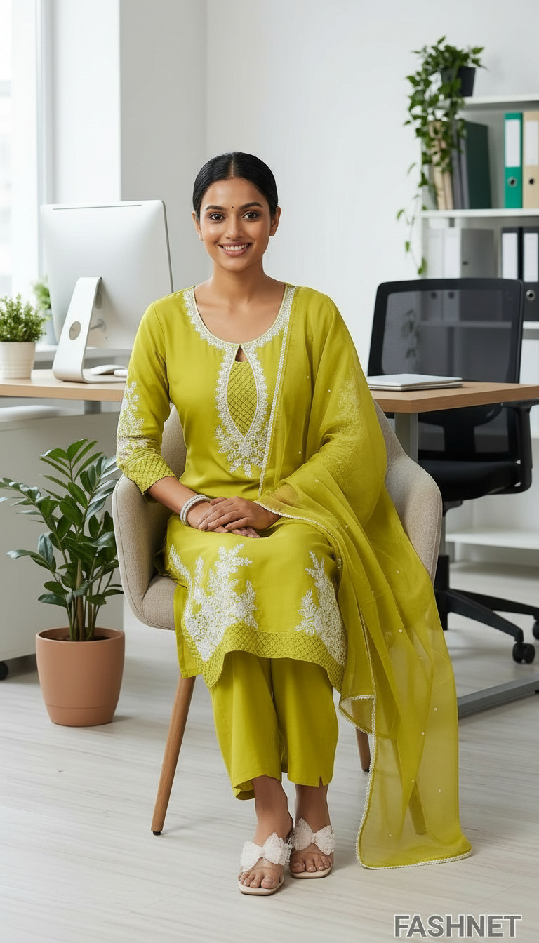 Lime Green Embroidered Kurta Set view 3