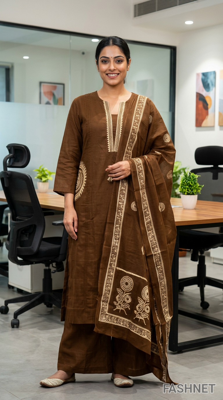 Brown Embroidered Kurta Set view 4