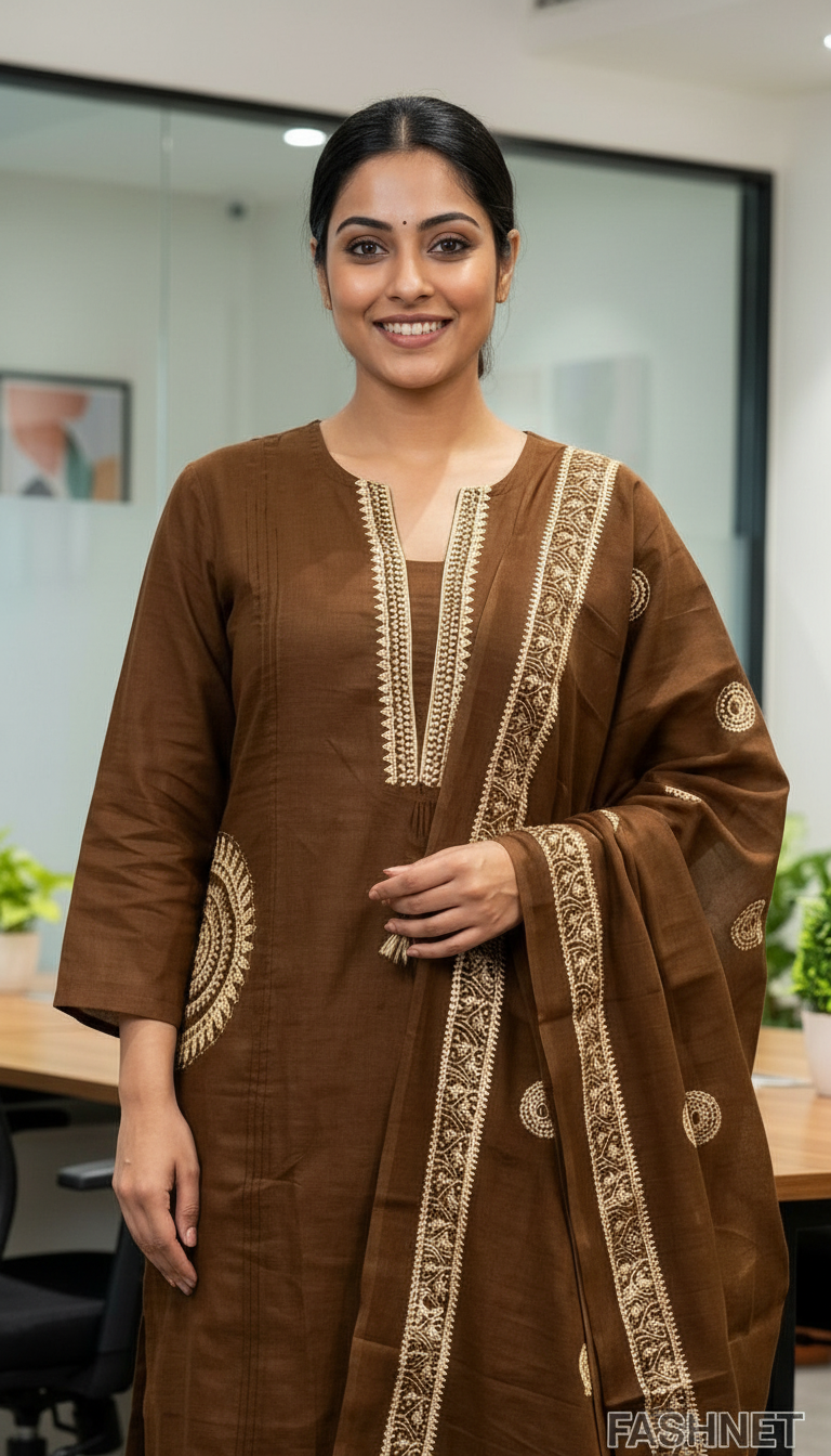 Brown Embroidered Kurta Set view 2
