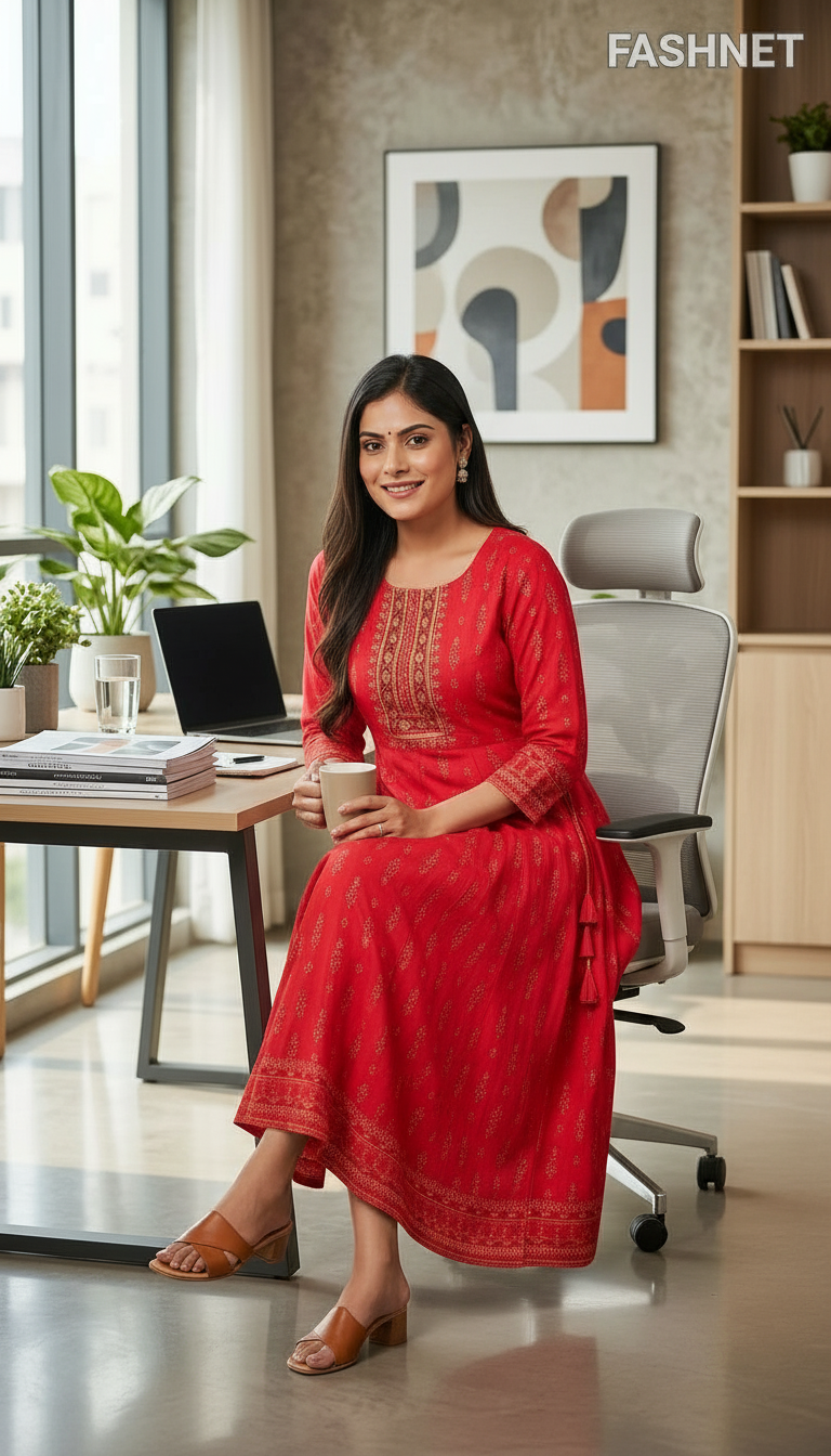 FASHNET Red Printed Kurta view 4