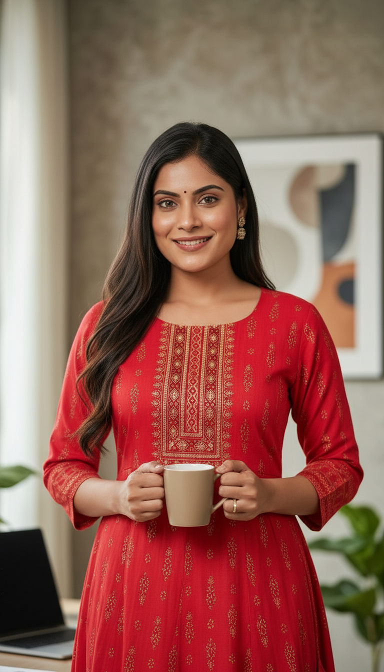 FASHNET Red Printed Kurta view 3