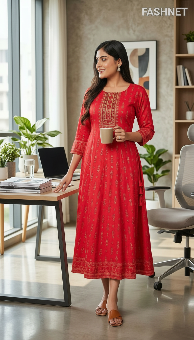 FASHNET Red Printed Kurta view 2