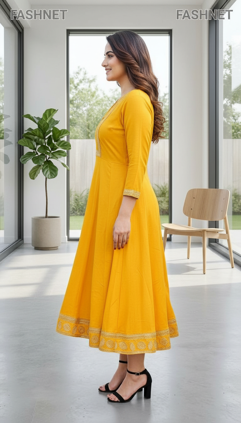 FASHNET Yellow Anarkali Kurta view 3