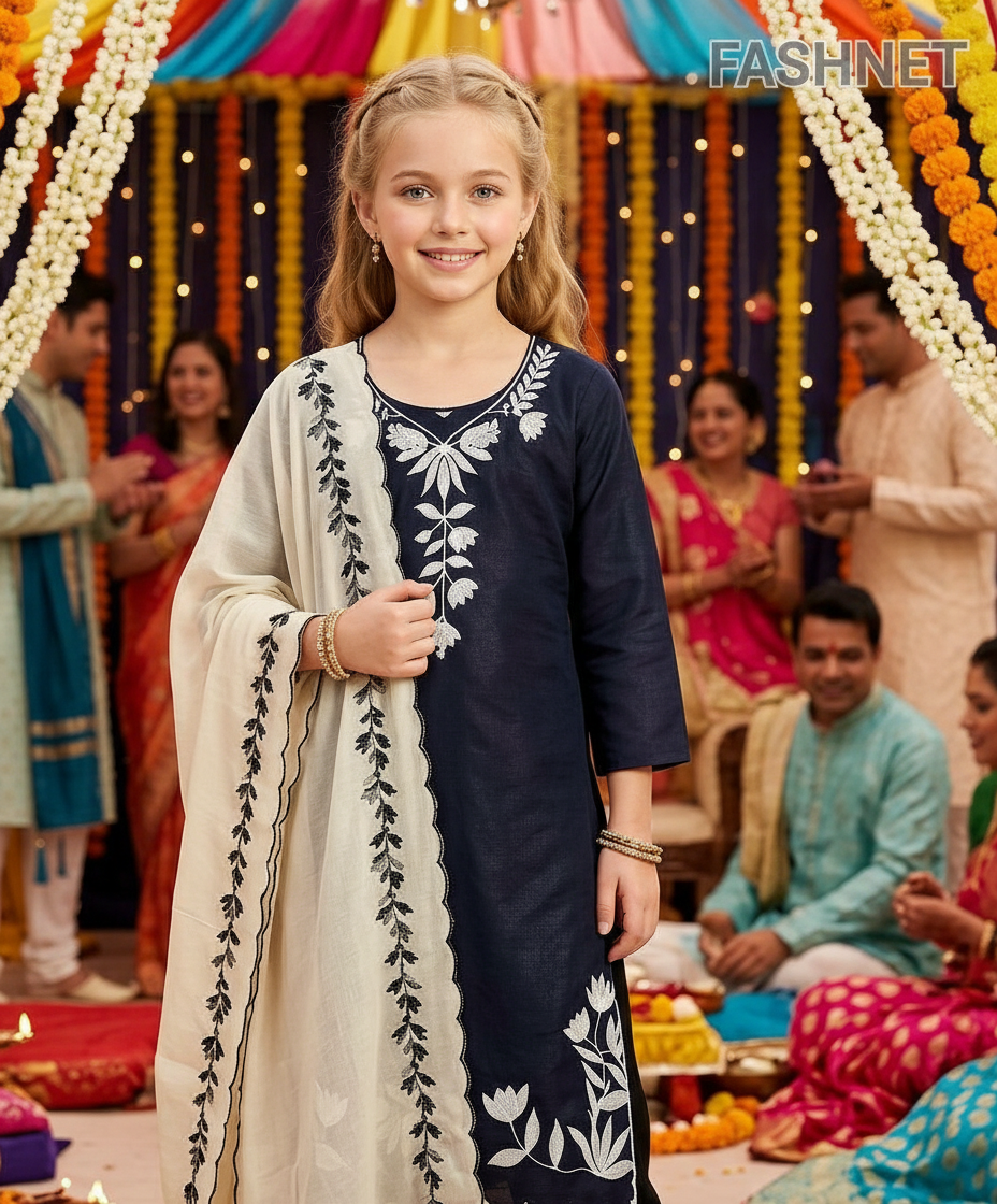 Embroidered Kids Kurta Set view 4