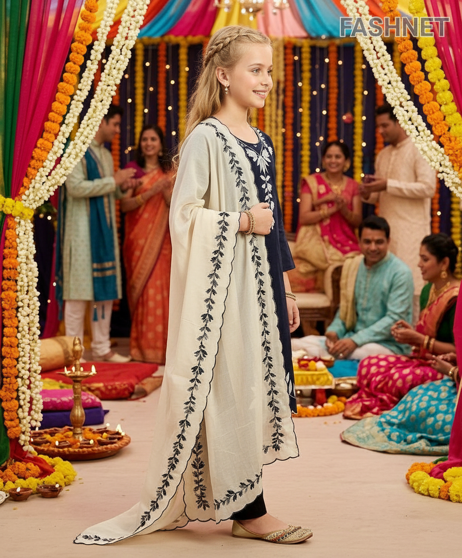 Embroidered Kids Kurta Set view 3