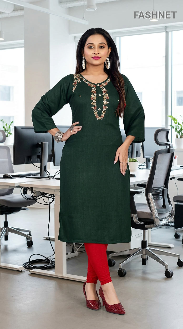 Fashnet Green Embroidered Kurta view 5