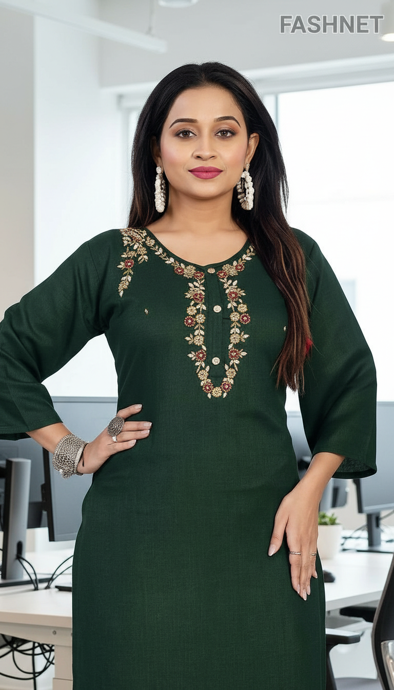 Fashnet Green Embroidered Kurta view 4