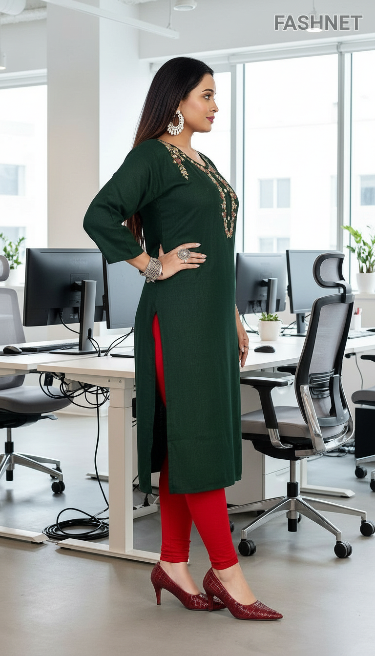 Fashnet Green Embroidered Kurta view 3