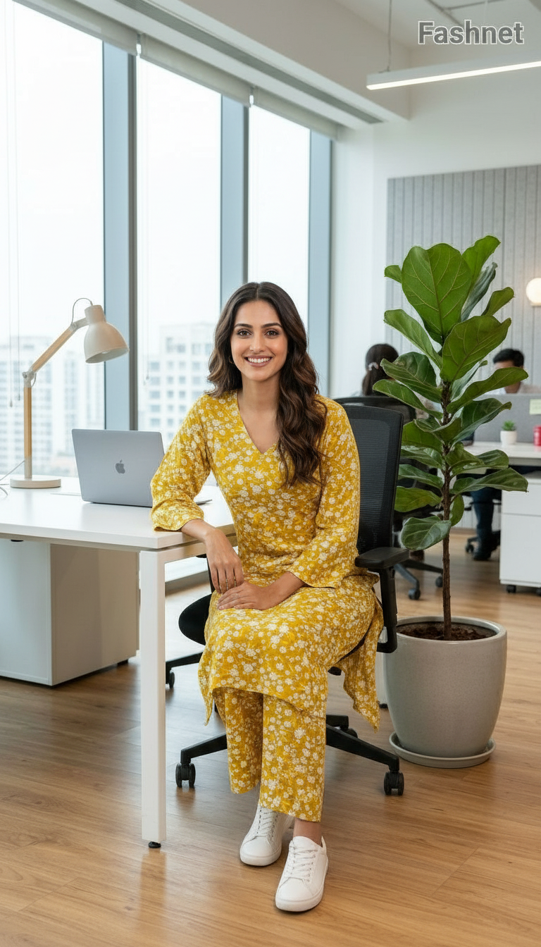 Fashnet Yellow Floral Kurta Set view 4