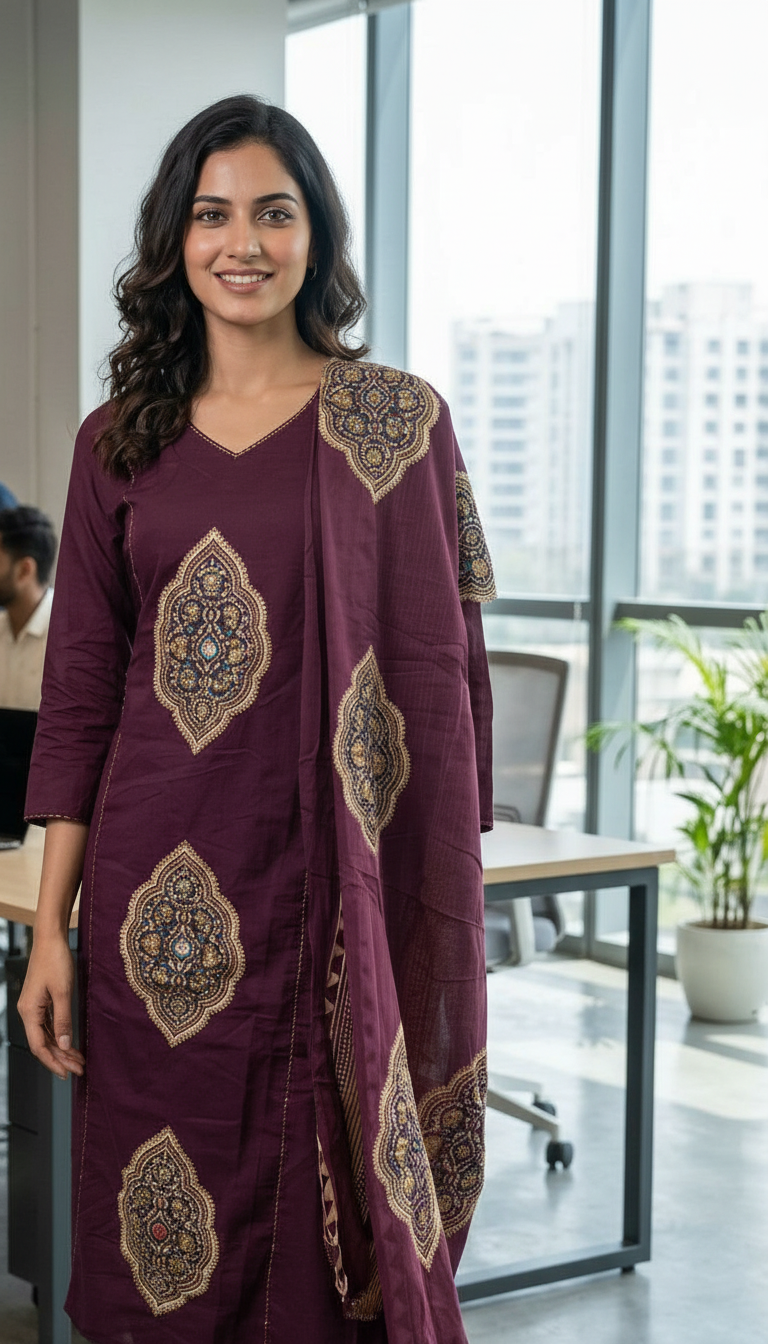 Embellished Cotton Kurta Set view 3