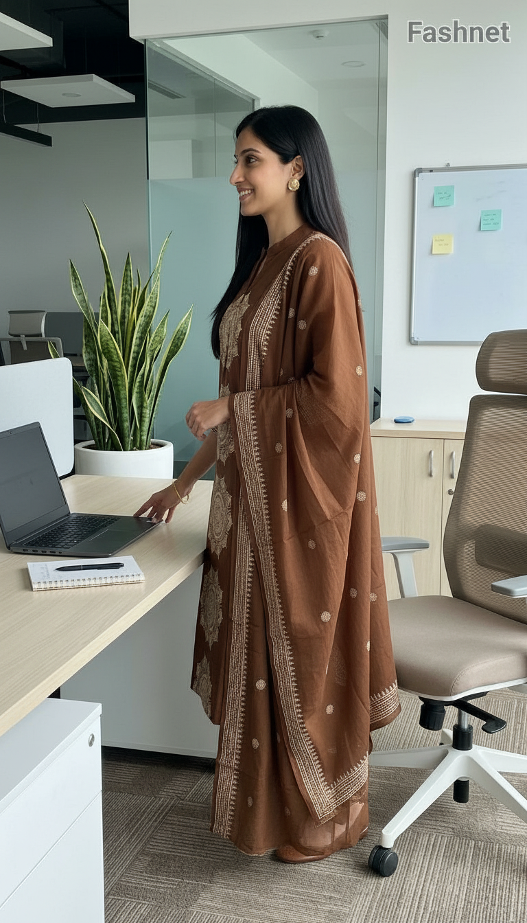 Fashnet Brown Salwar Suit Set Cotton view 2
