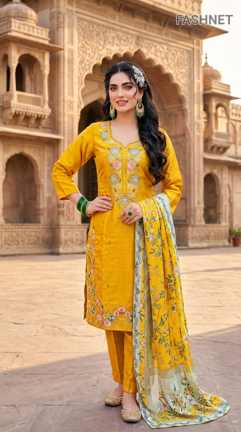 Fashnet Embroidered Yellow Salwar Suit view 4
