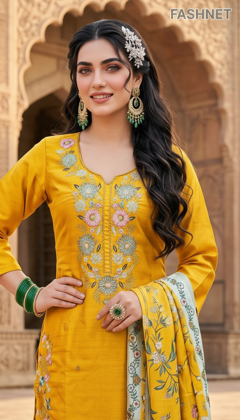 Fashnet Embroidered Yellow Salwar Suit view 2