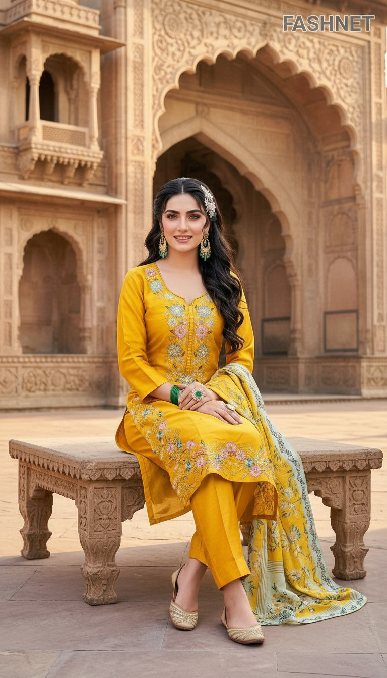 Fashnet Embroidered Yellow Salwar Suit view 3