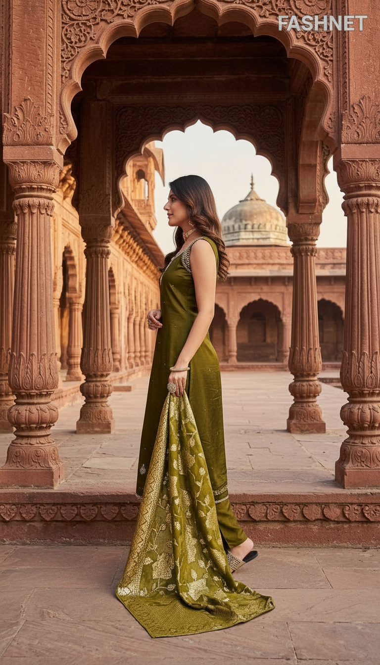 Fashnet Olive Green Salwar Suit Set view 2