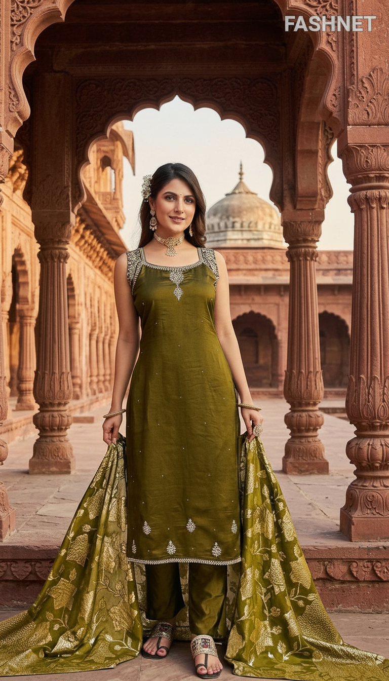 Fashnet Olive Green Salwar Suit Set view 3