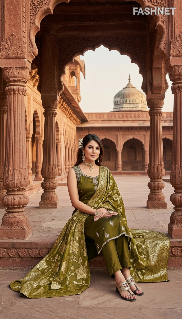 Fashnet Olive Green Salwar Suit Set view 4