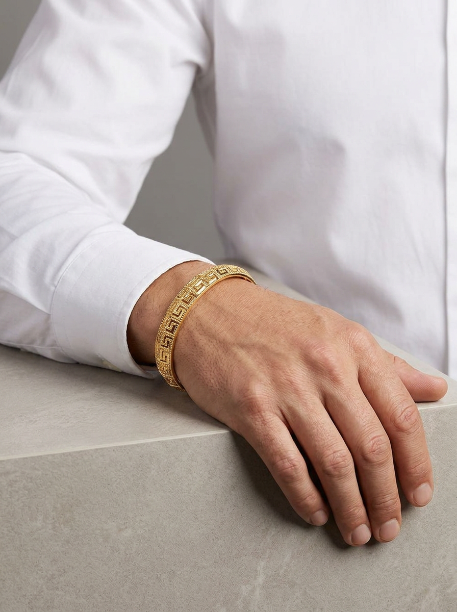 Gold Plated kada bracelet features a prominent Greek key pattern design view 4
