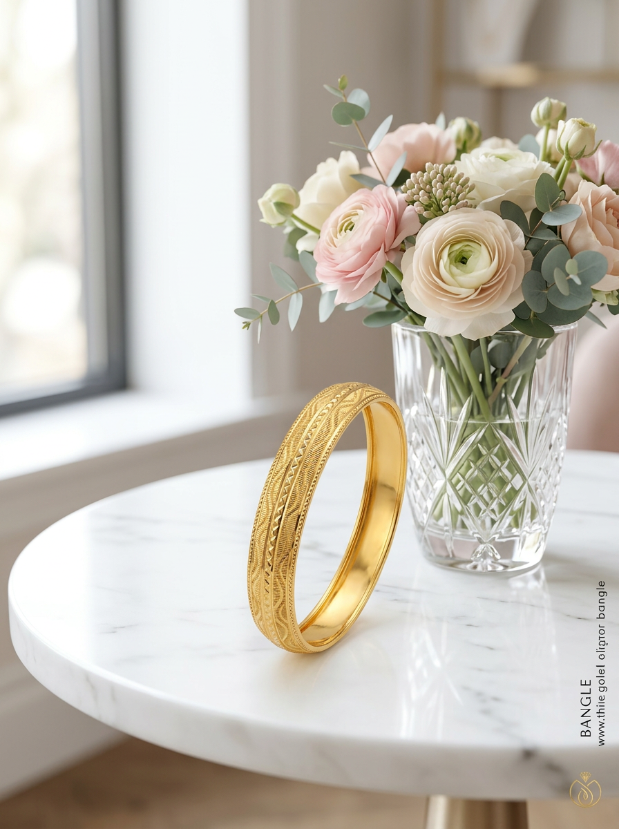 Gold-plated bangle, such as the A V FASHION INDIA minimalist cuff design with etched detailing view 2