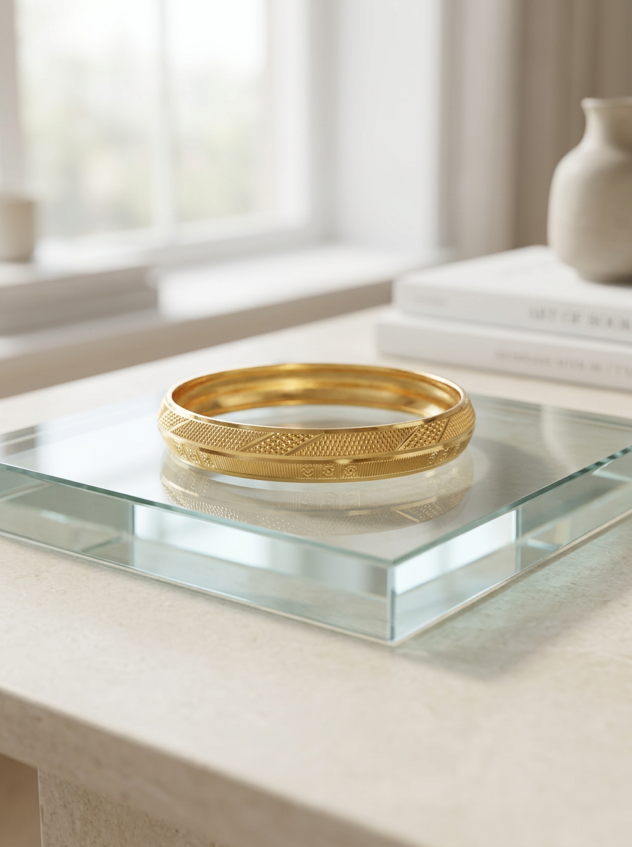 Vigor Gold Plated Kada for men features 22 KT yellow gold plating with textured geometric engravings view 2