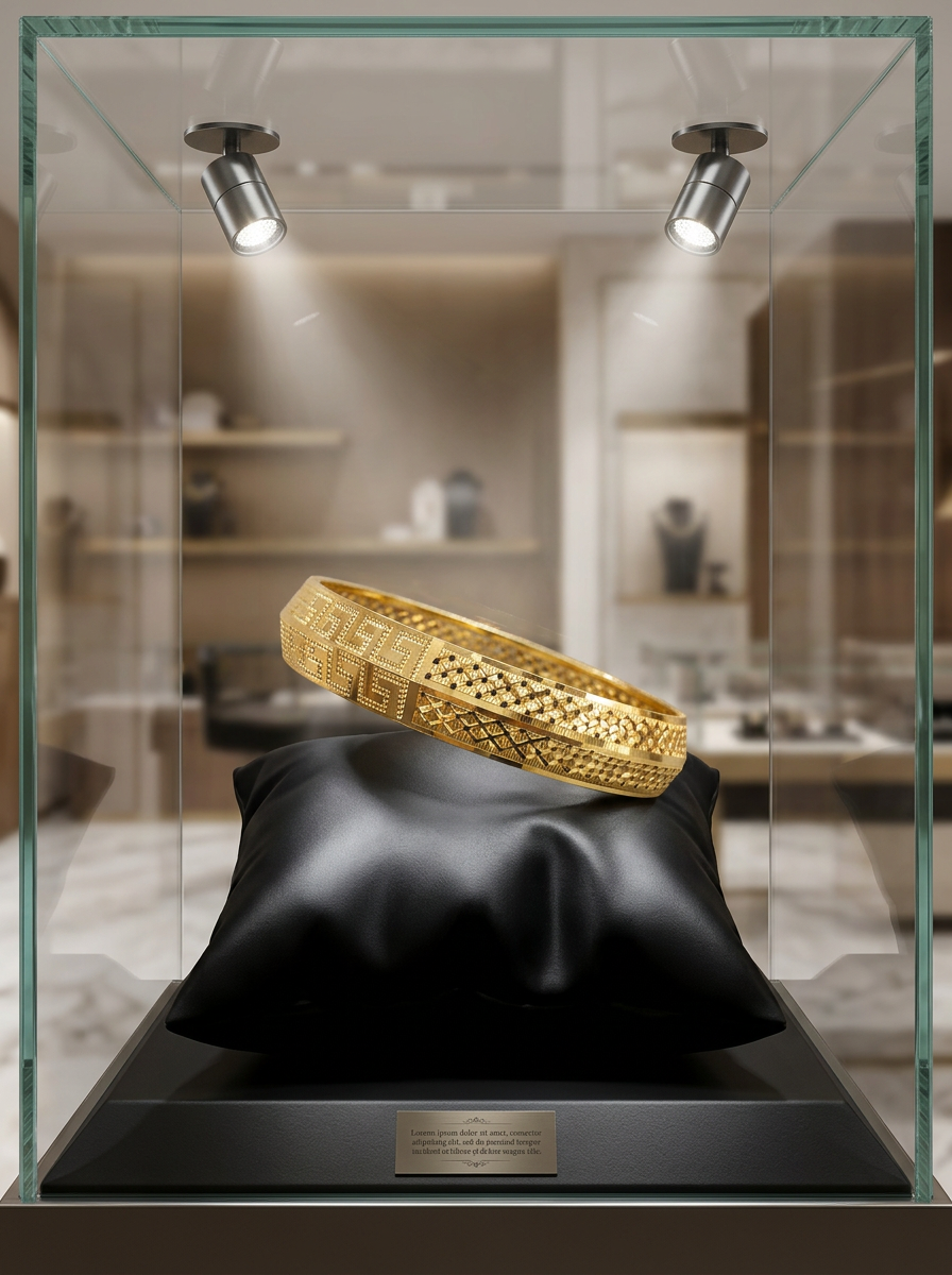 Gold-plated kada bangle features a distinctive etched Greek key pattern and a polished finish with Laser CNC cutting view 2
