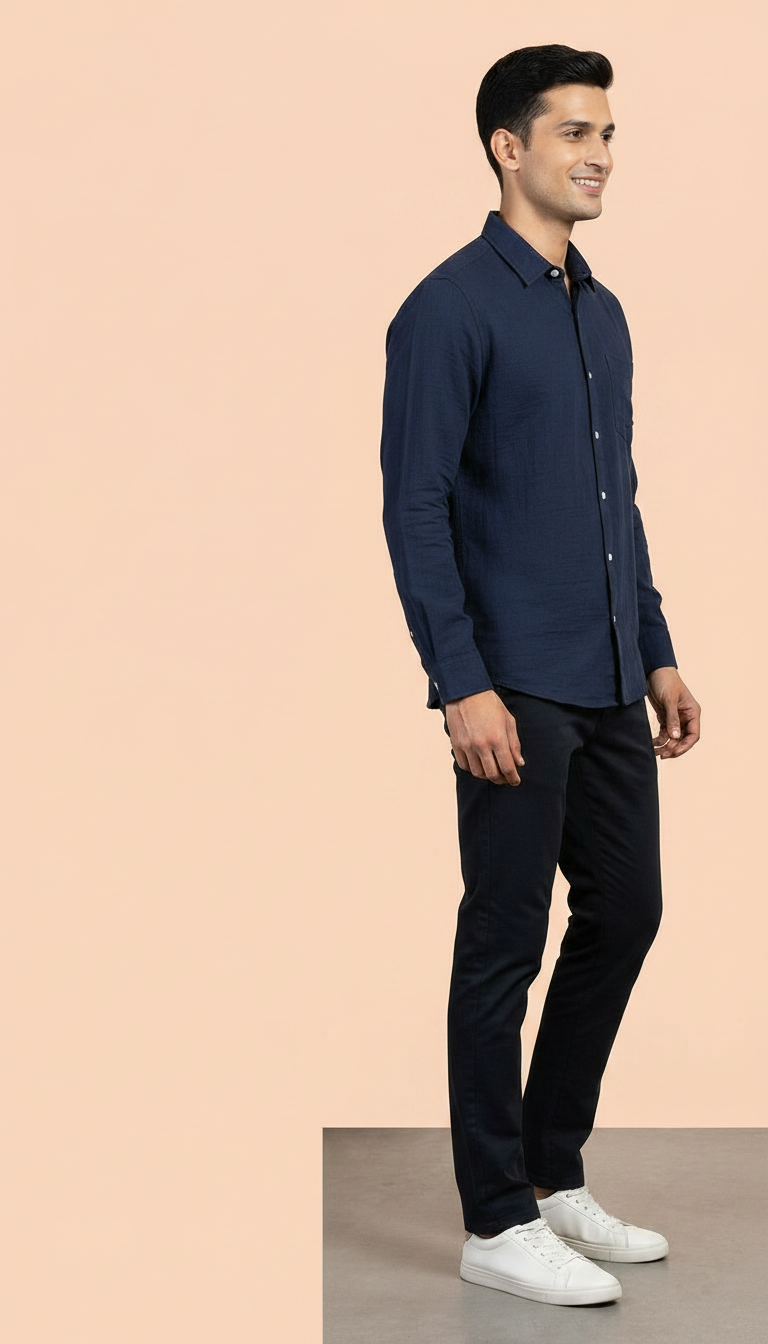 LINEN Navy Blue Casual Shirt view 3