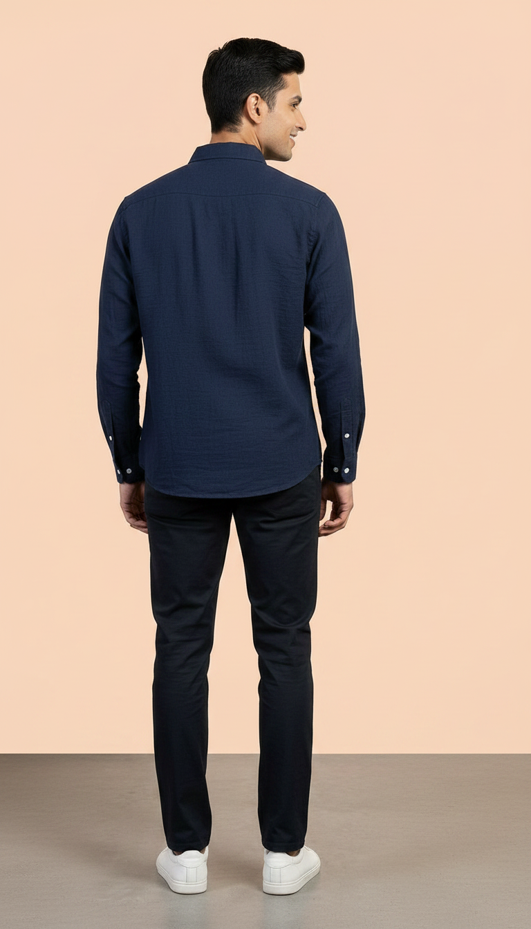 LINEN Navy Blue Casual Shirt view 2
