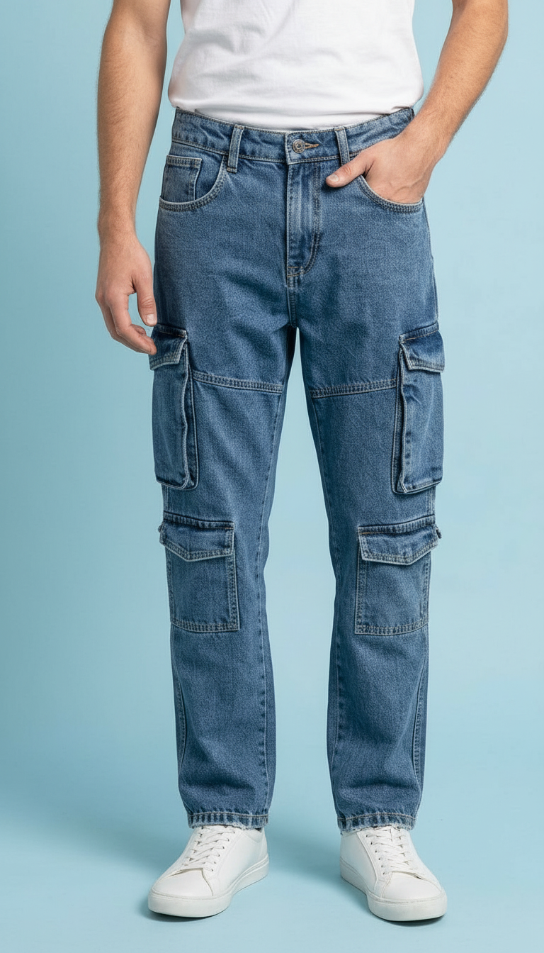 Blue Denim Cargo Pants view 3