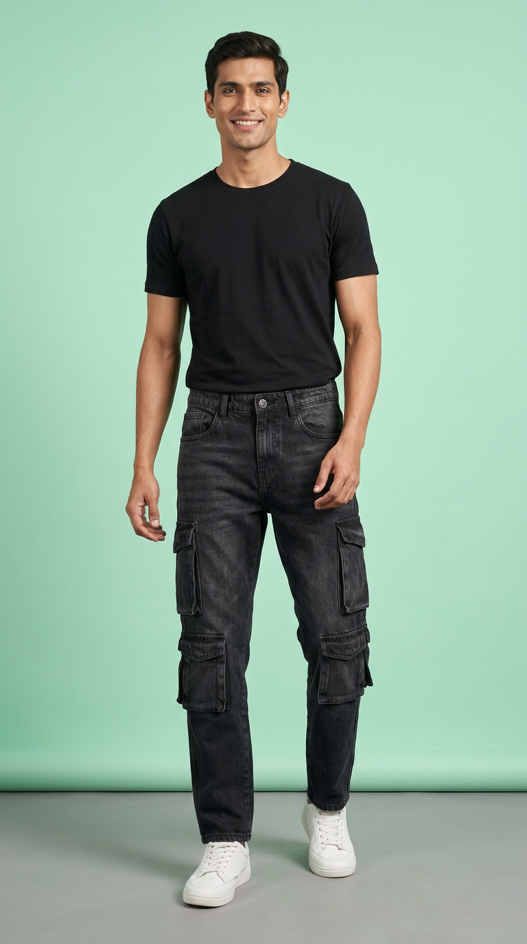 BLACK Denim Cargo Pants view 4