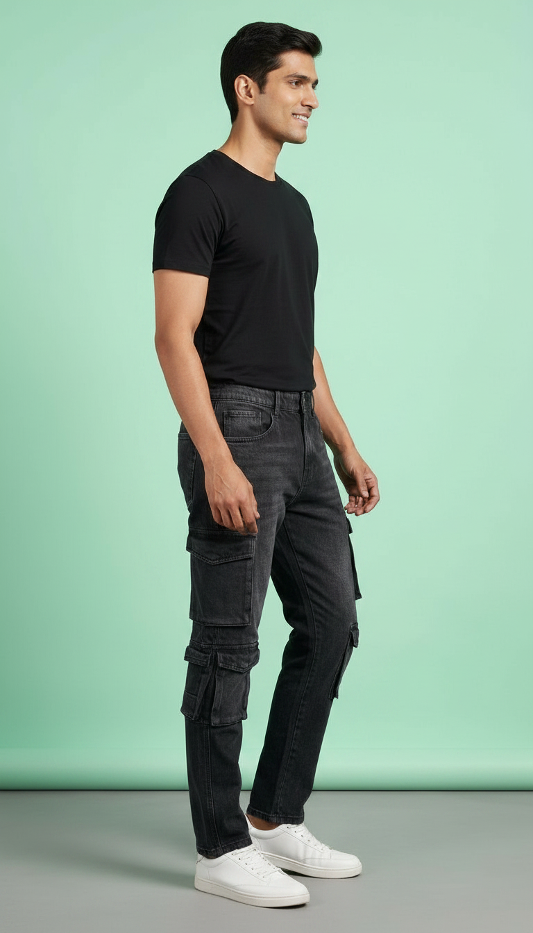 BLACK Denim Cargo Pants view 3