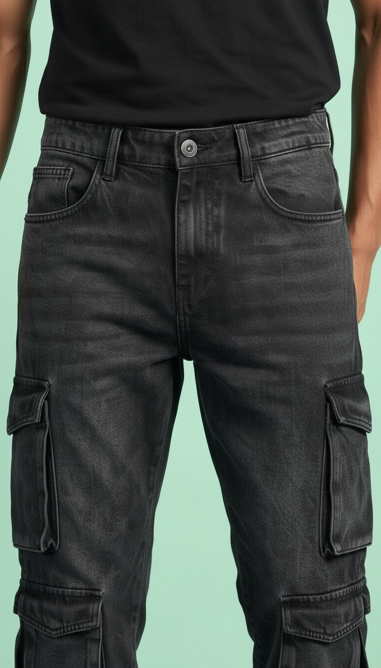 BLACK Denim Cargo Pants view 2
