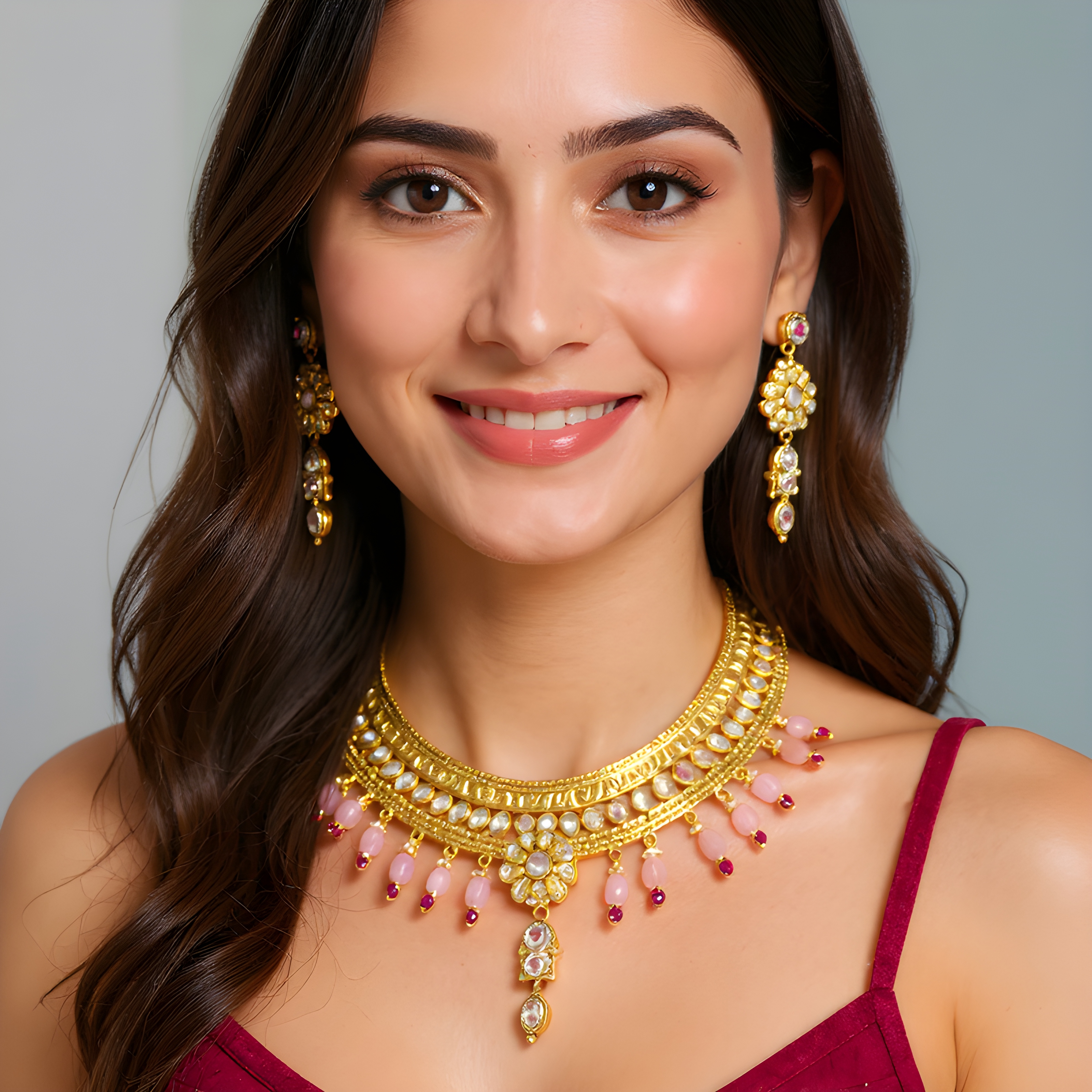 Gold-Toned & Pink Kundan Necklace Set
