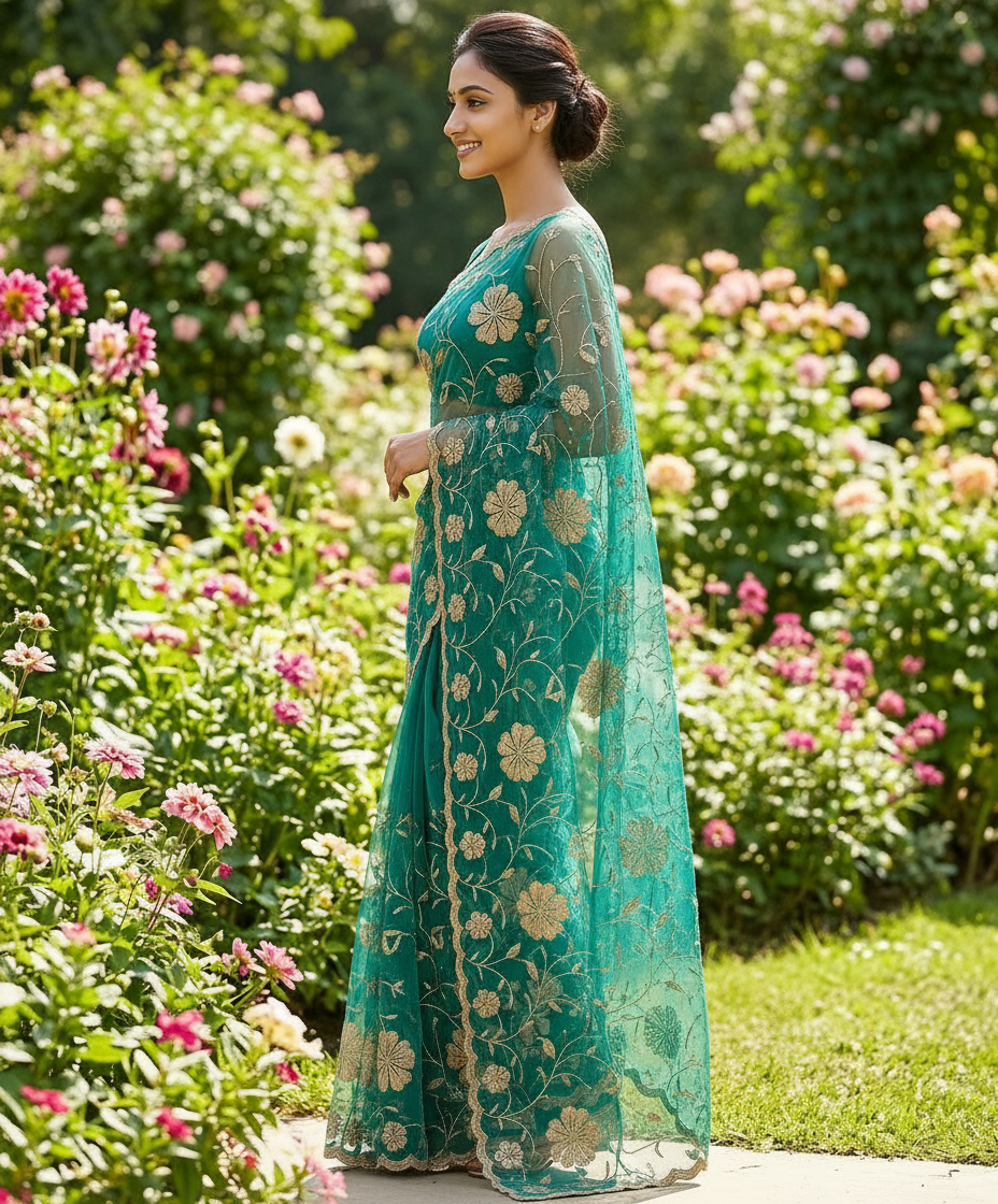 Floral Embroidered Saree view 2