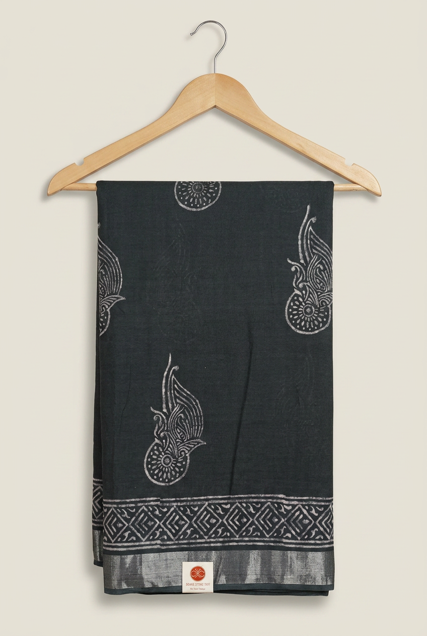 Block Printed Linen Saree 1 view 3
