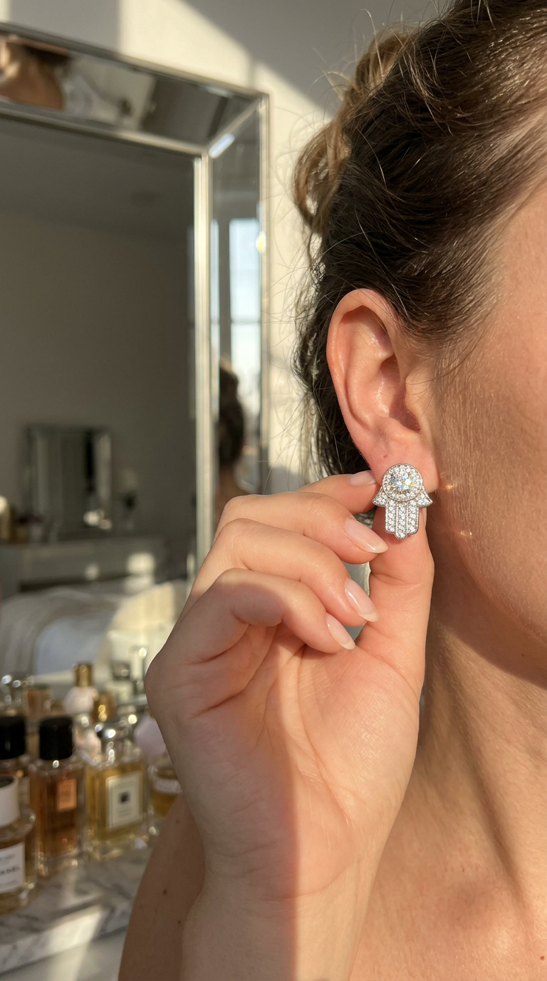Silver American Diamond Hamsa Earrings view 2