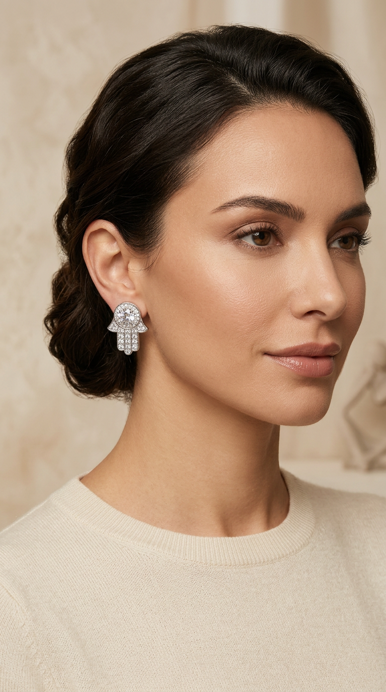 Silver American Diamond Hamsa Earrings view 3