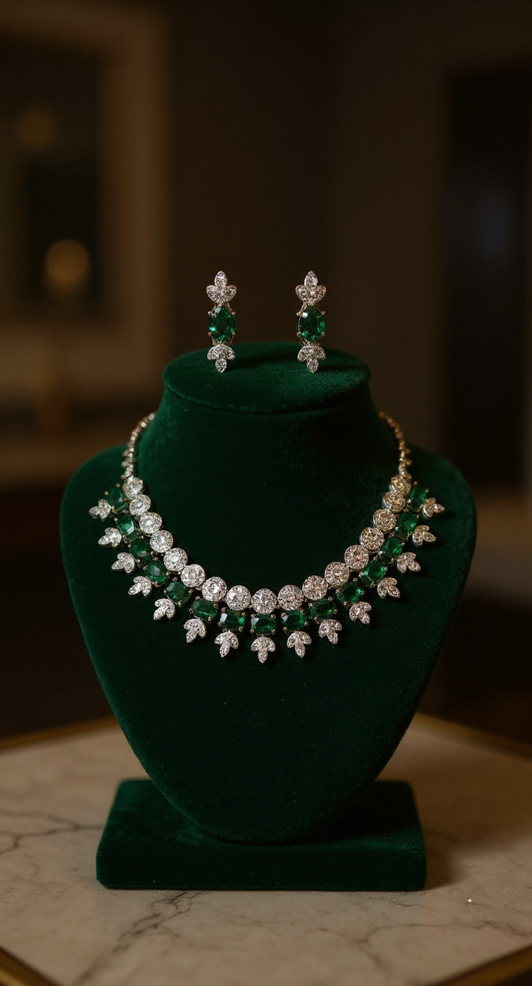 Green American Diamonds Necklace Set view 2
