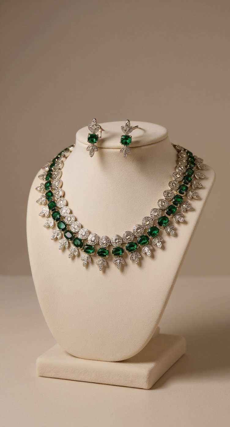 Green American Diamonds Necklace Set view 3