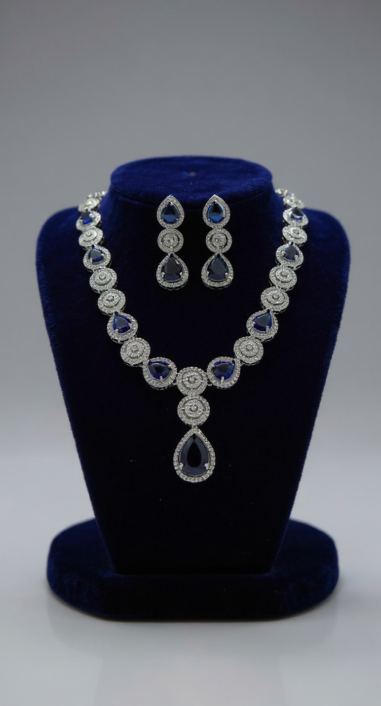 Neavy Blue American Diamond Necklace. Set view 2